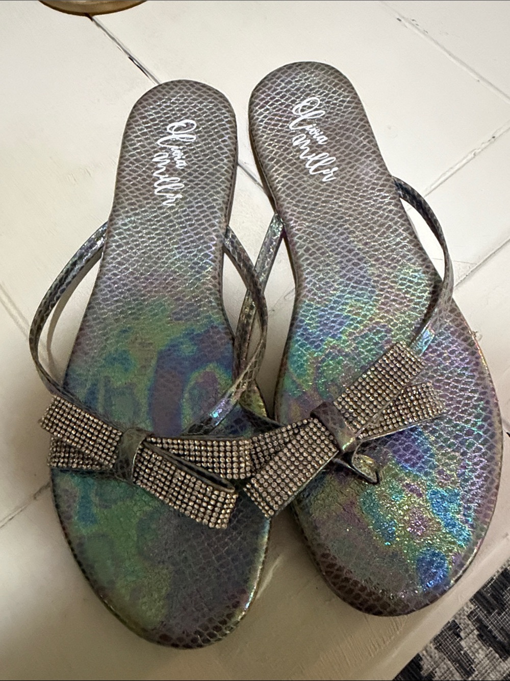 Olivia Miller Iridescent Rhinestone Bow Flip-Flops - Multi-Color Shimmer